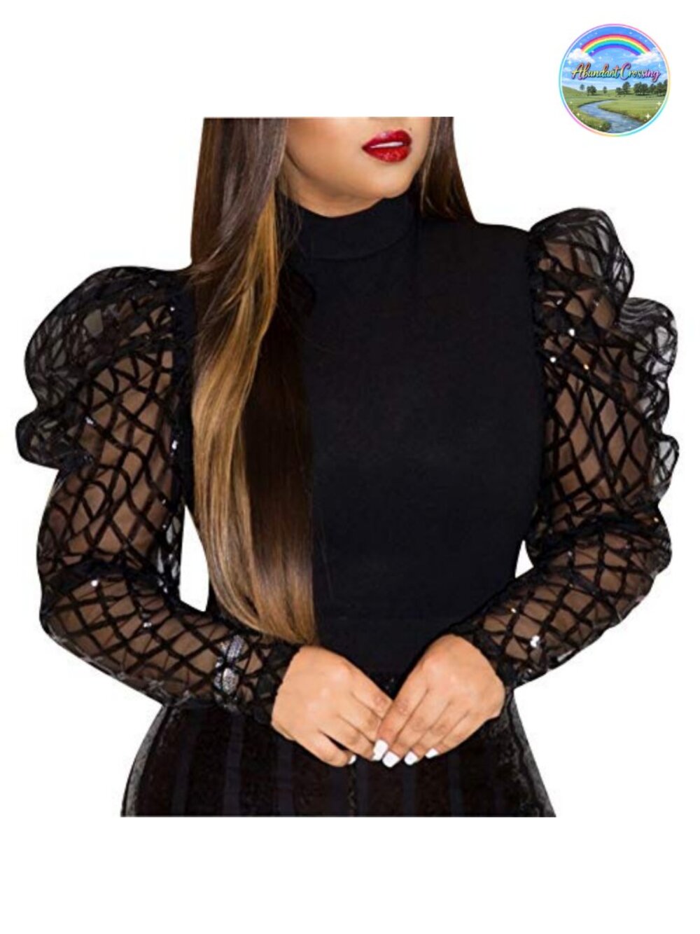 Women's Sequin Mock Neck Party Blouse Mesh Long Sleeve Slim Fit Top